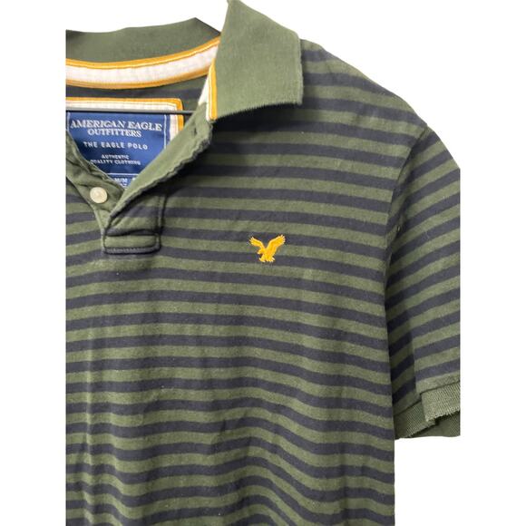 American Eagle Mens The Eagle Polo Shirt Navy and Green Striped Size Medium - Picture 2 of 5